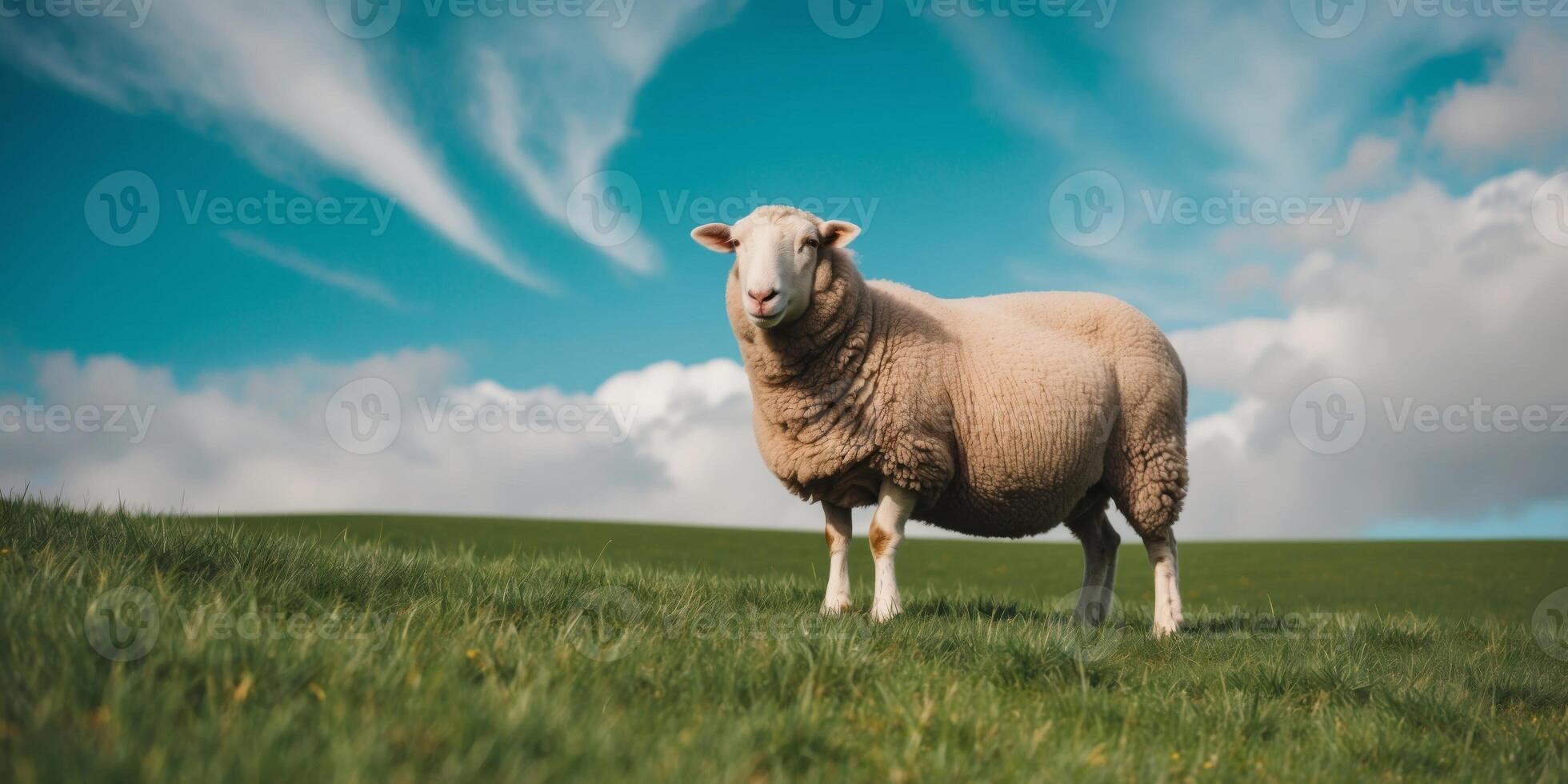 Sheep Grazing in Green Pasture Under Blue Sky with Fluffy Clouds. photo