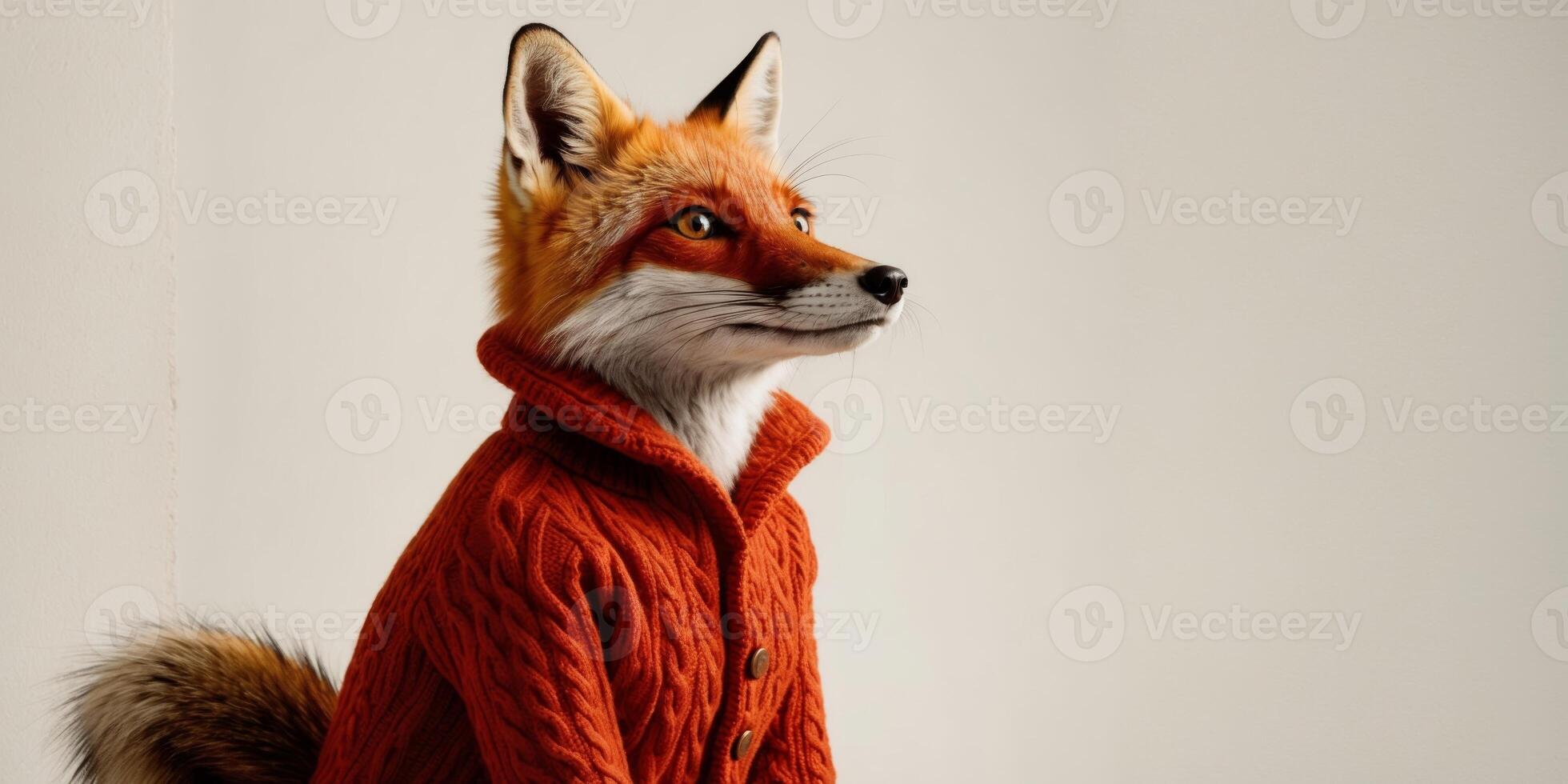 A Red Fox Dressed in a Cozy Jacket Looking Up. photo