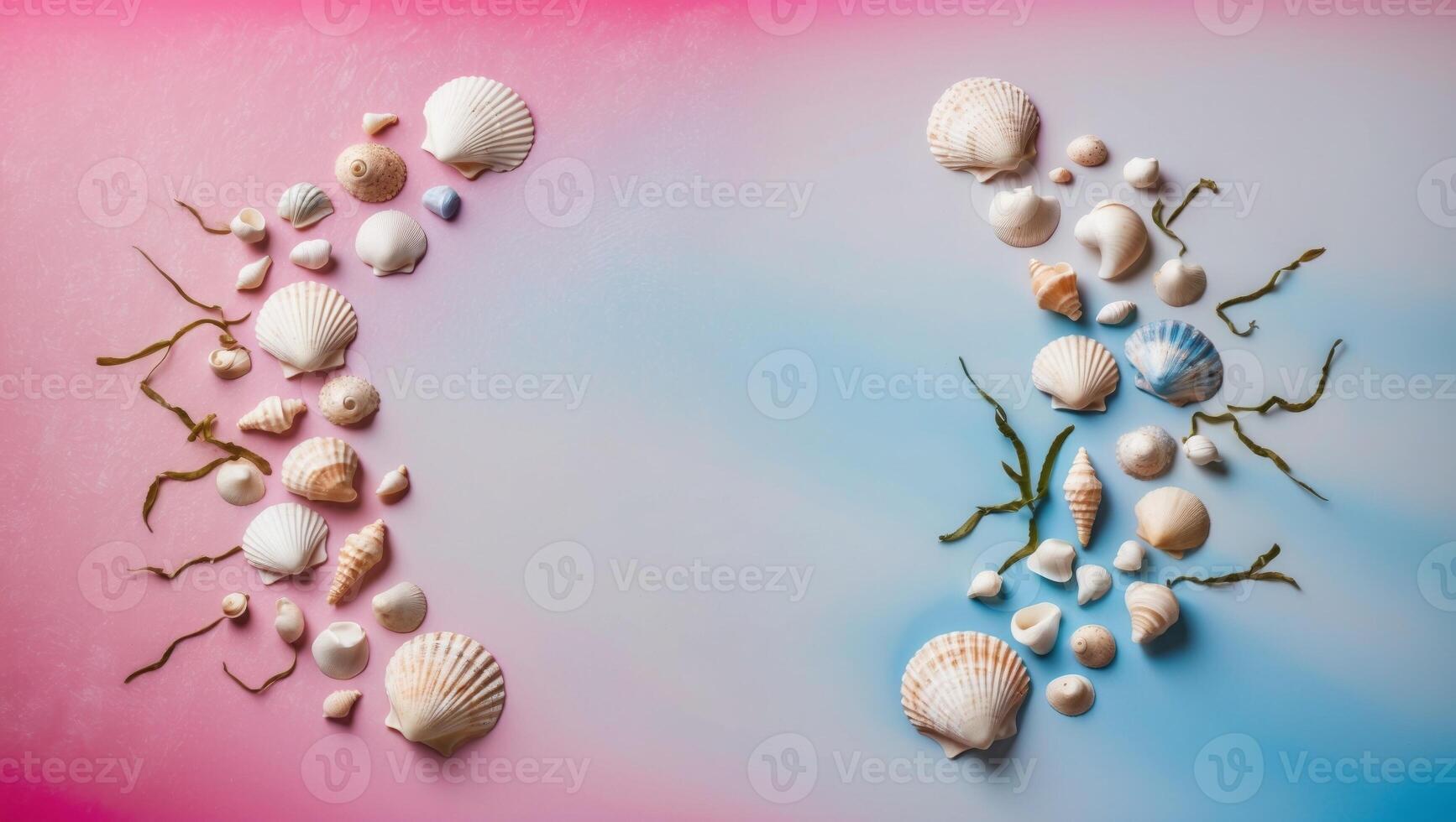 A pink and blue background with seashells on both sides of the image. photo