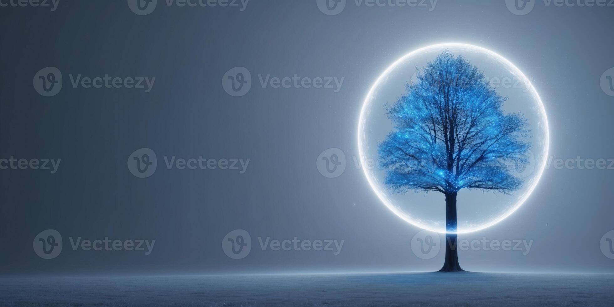 A Glowing Blue Tree Enclosed in a Sphere of Light. photo