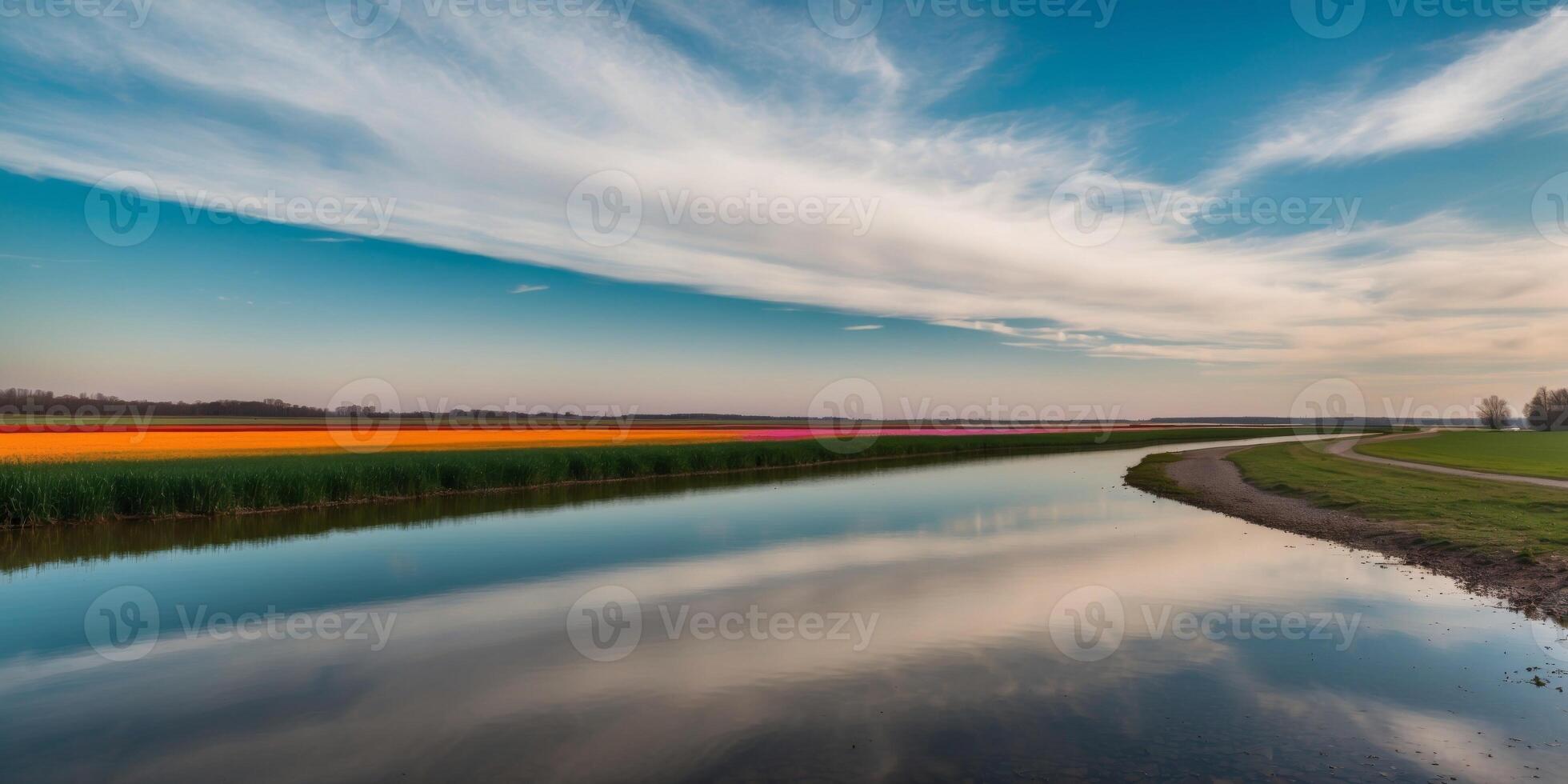 Sky on cozy field blowing river colors field rolling reflected free colors bloom horizon rolling illuminating shore river lake surface rolling. photo