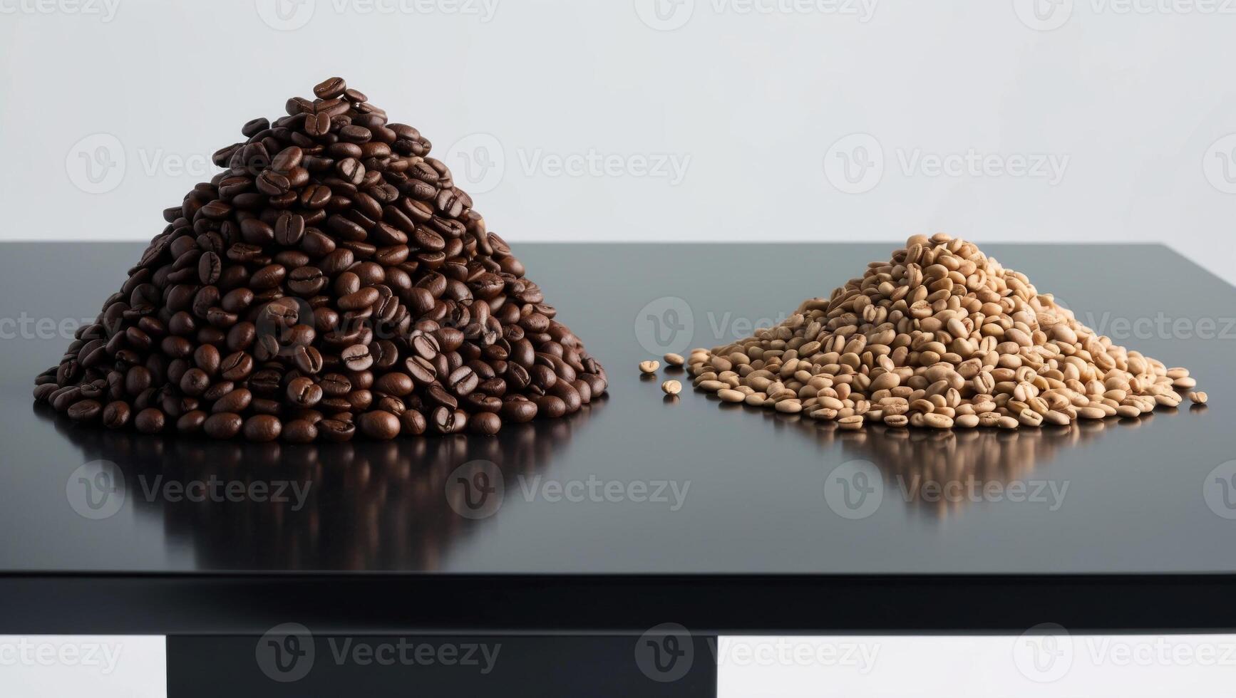 A black table holds a stack of roasted coffee beans and an adjacent mound of unpeeled beans. photo