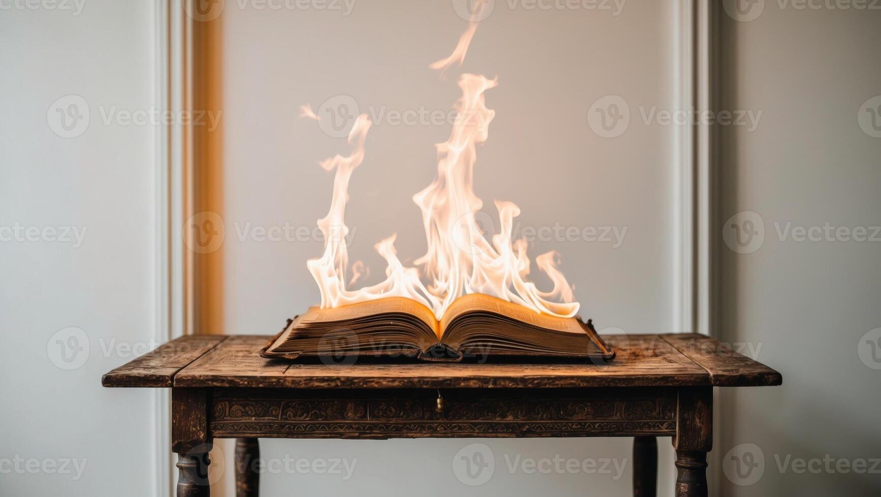 A mystical book engulfed in flames on an ancient wooden table. photo