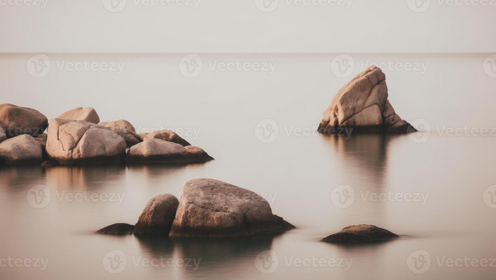 A view of a body of water featuring rocks in the foreground and a rock outcropping nearby. photo