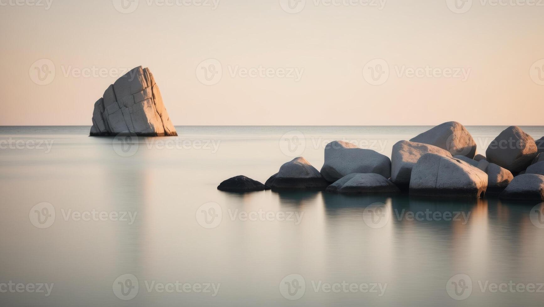 A view of a body of water featuring rocks in the foreground and a rock outcropping nearby. photo
