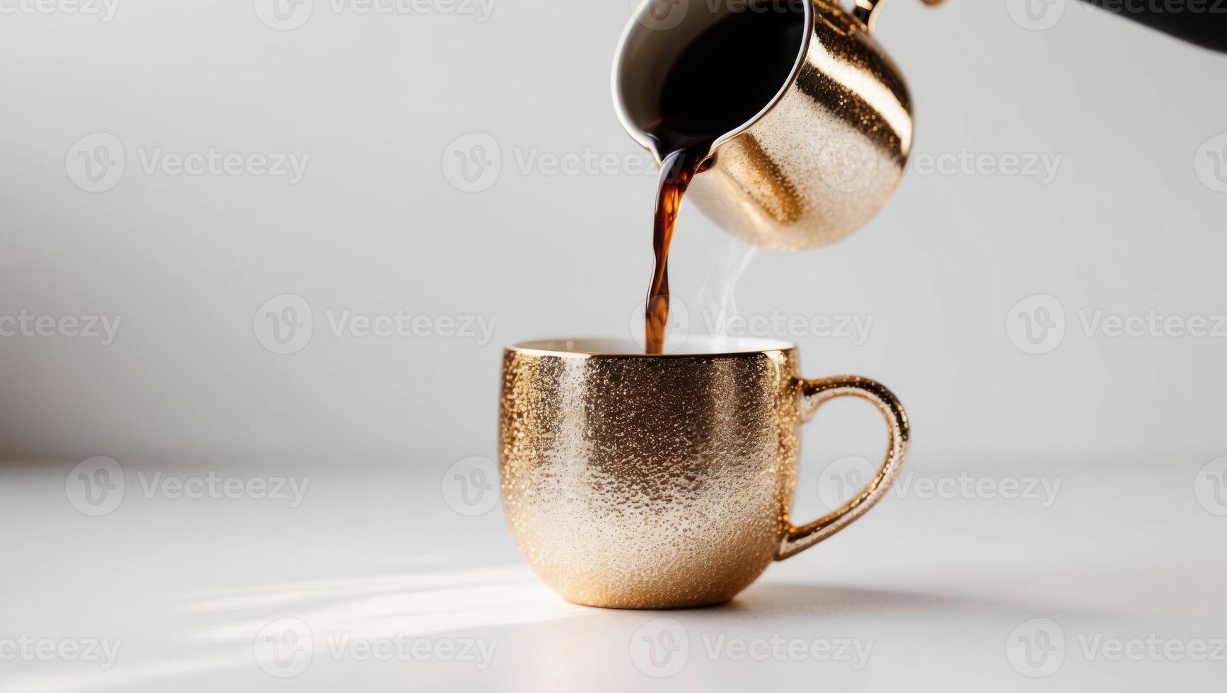 Pouring hot coffee into a golden glittery mug. photo