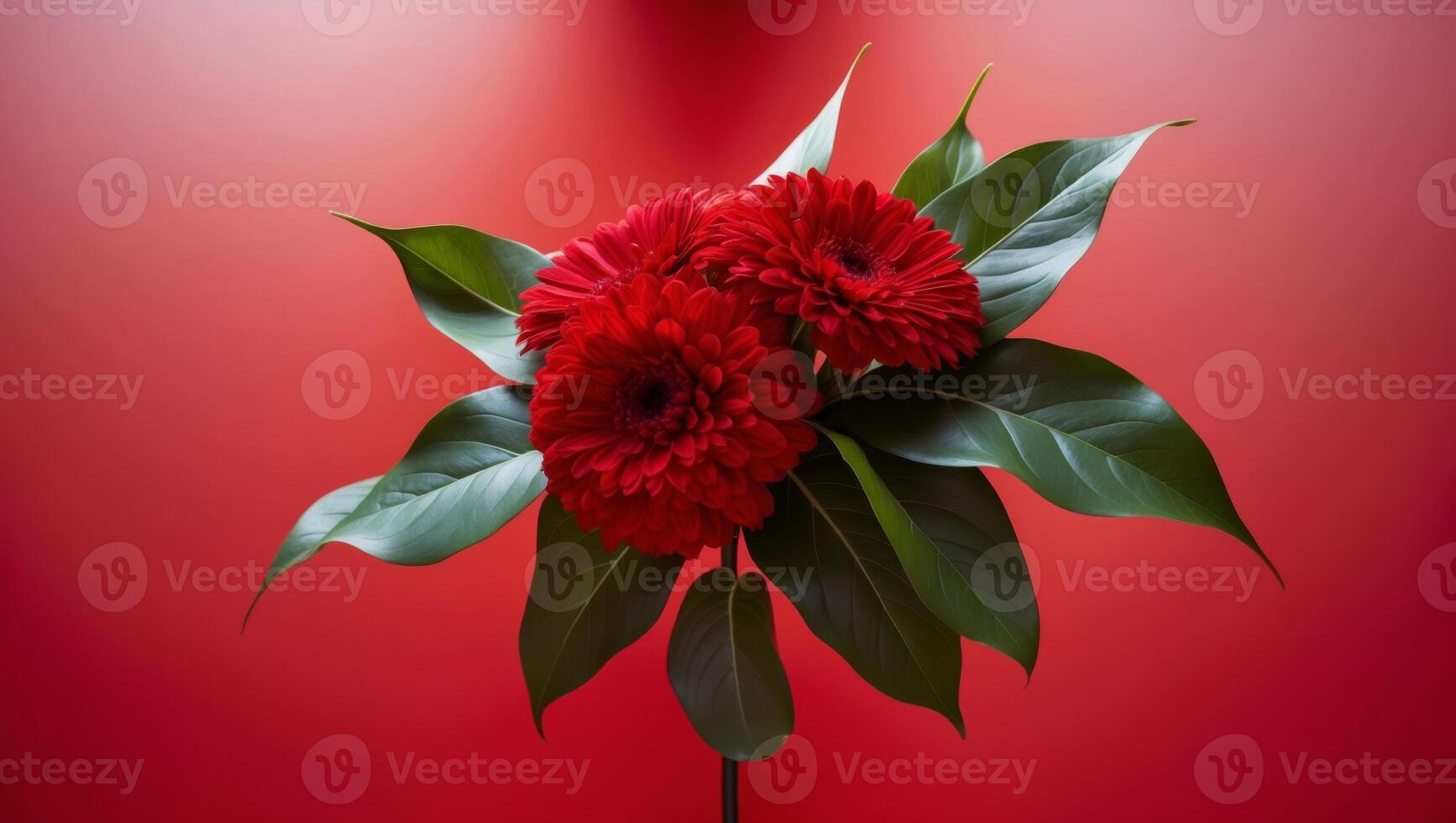 Red Flowers and Green Leaves on Red Background. photo
