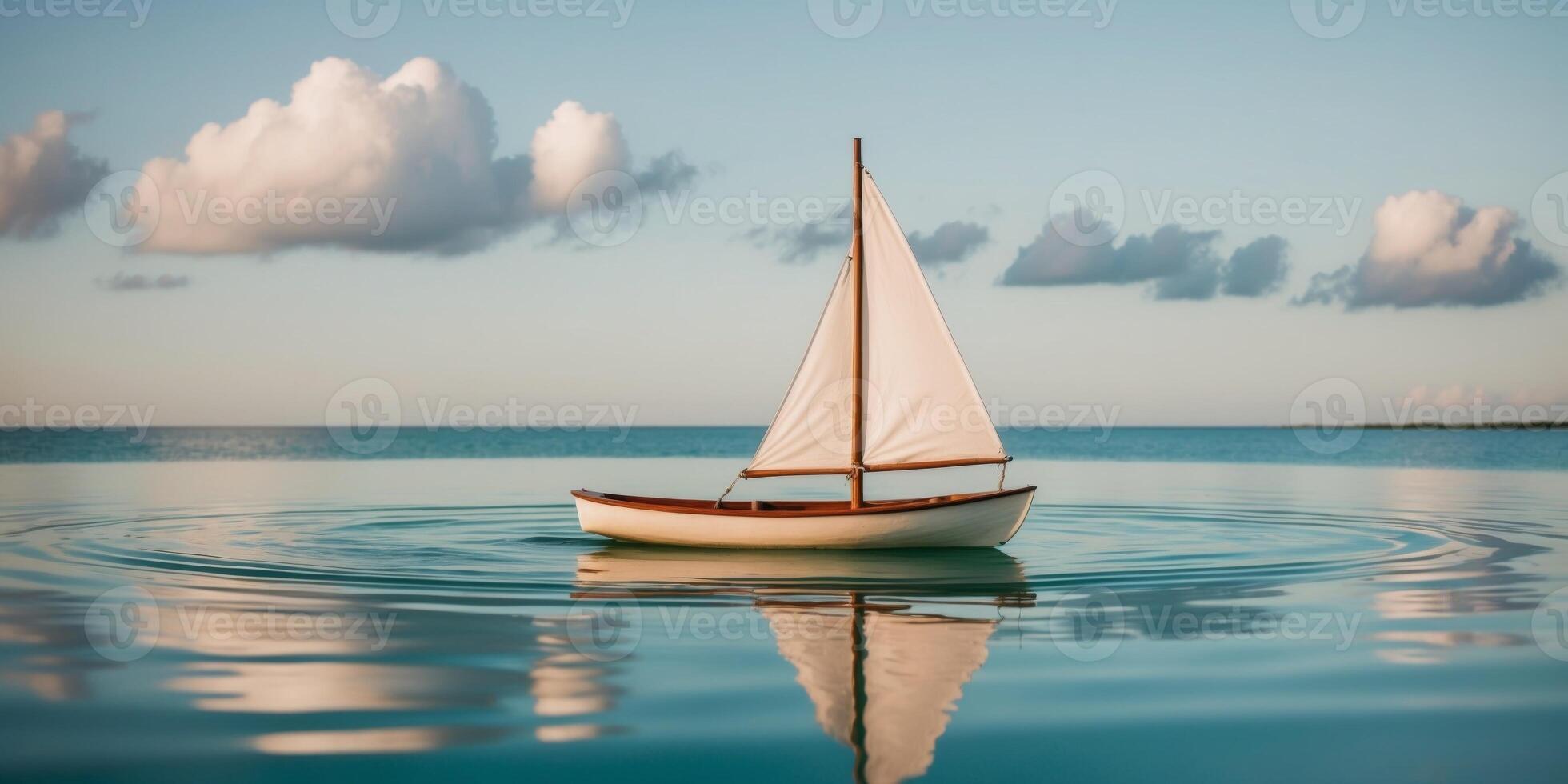 A small boat floats peacefully on calm turquoise waters during t. photo