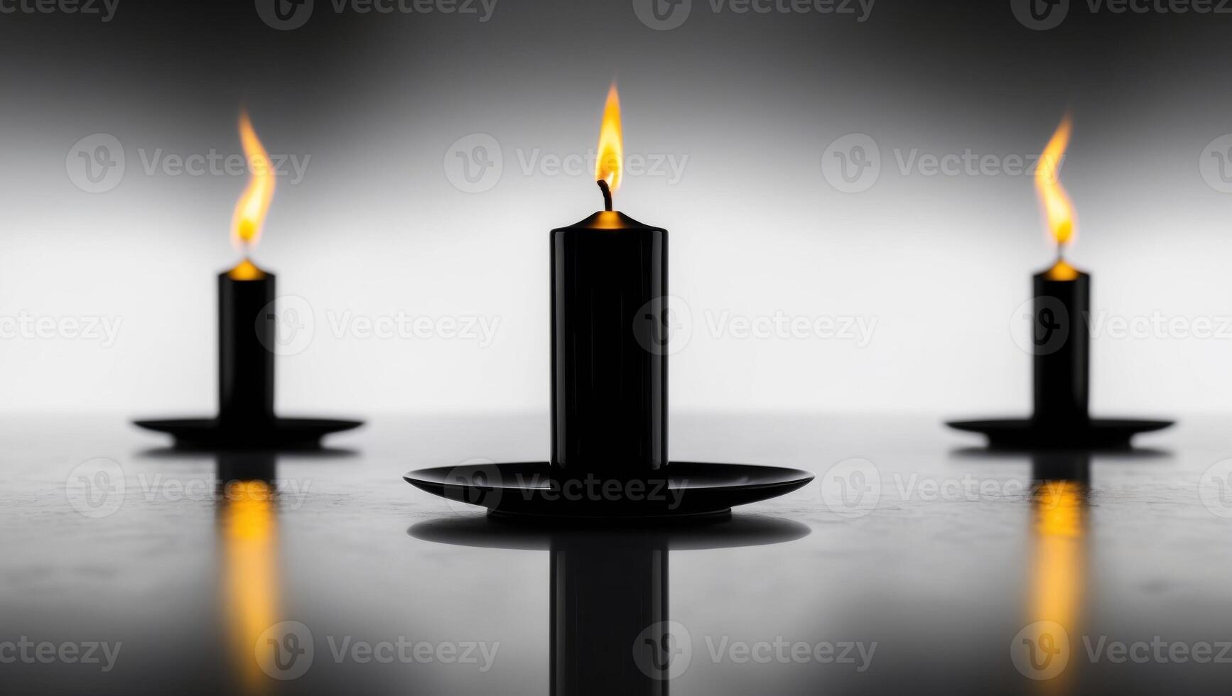 A black candle with a yellow flame on a dark background reflects the candle's image perfectly in the middle of the frame. photo