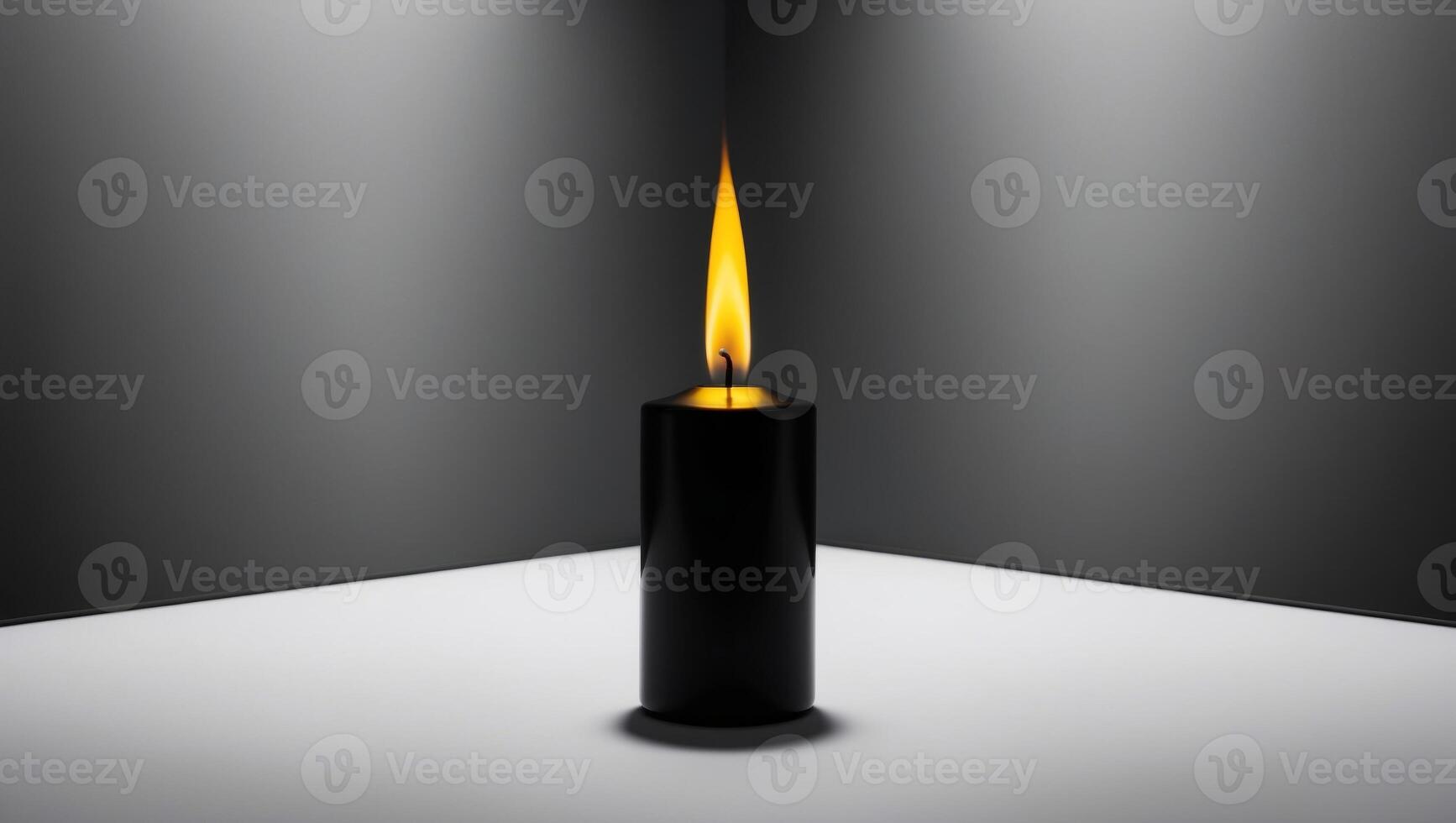 A black candle with a yellow flame on a dark background reflects the candle's image perfectly in the middle of the frame. photo