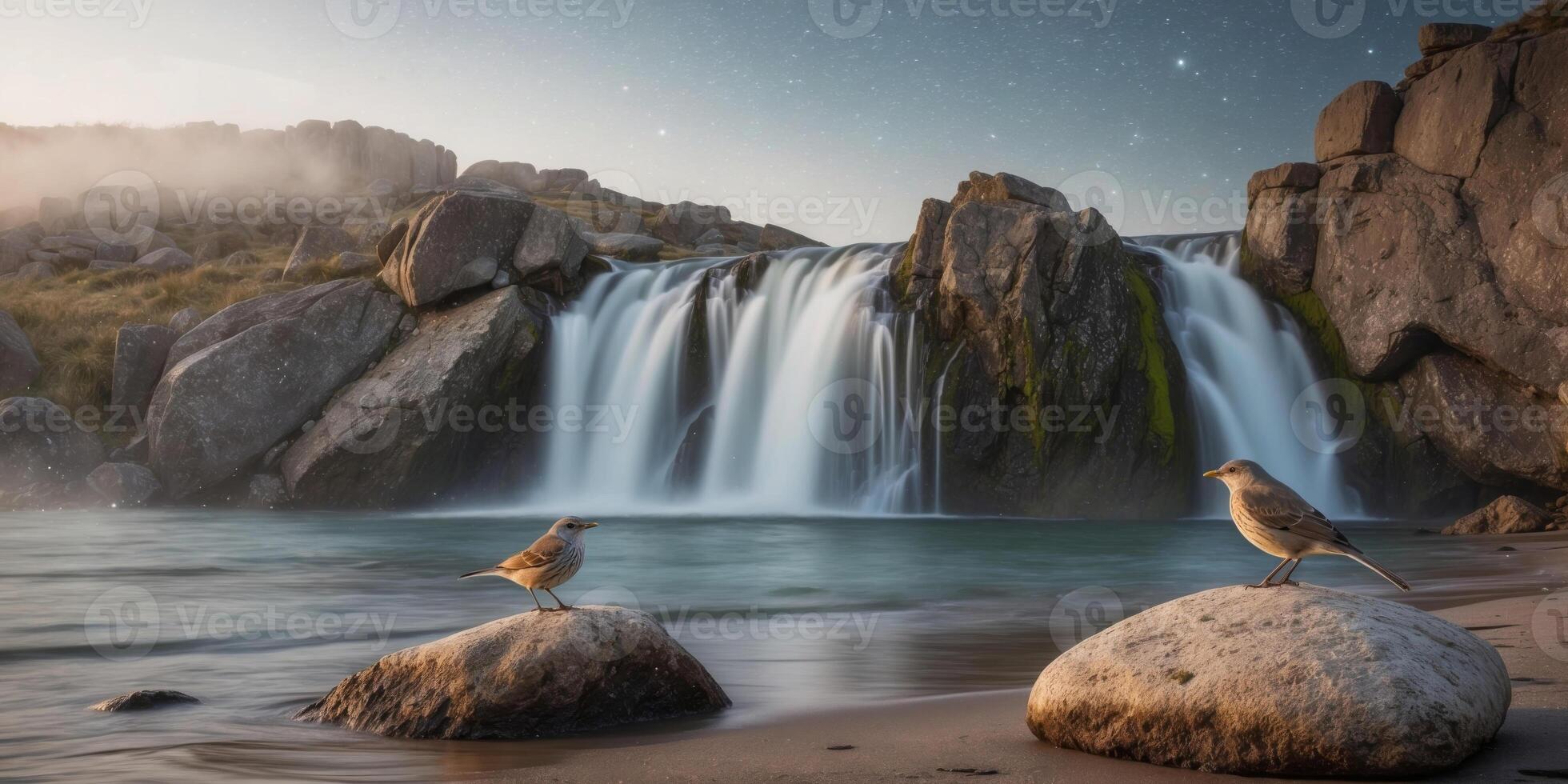 Rocky herd sunrise waterfall sparkling vintage spring across morning bird beach stars range waterfall glimmering. photo