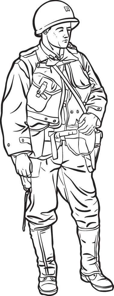 WW II Soldier Illustration in Military Uniform line vector