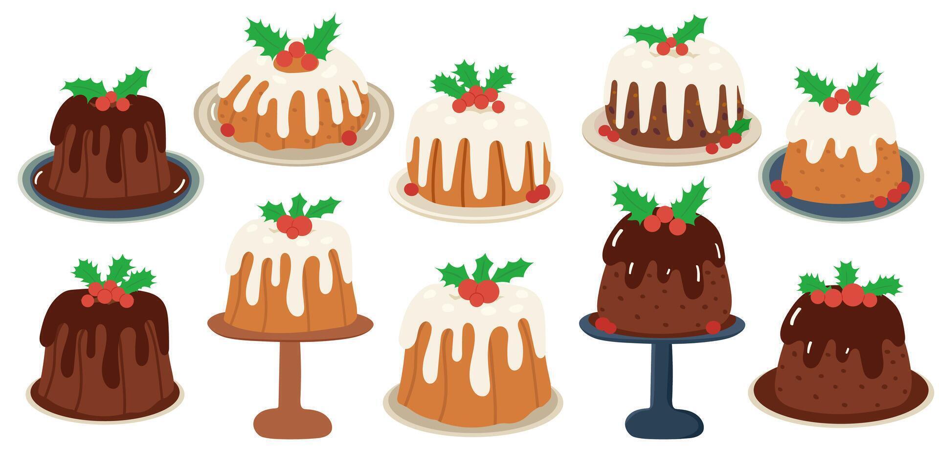 Christmas pudding, fruit cake with holly berry set. vector