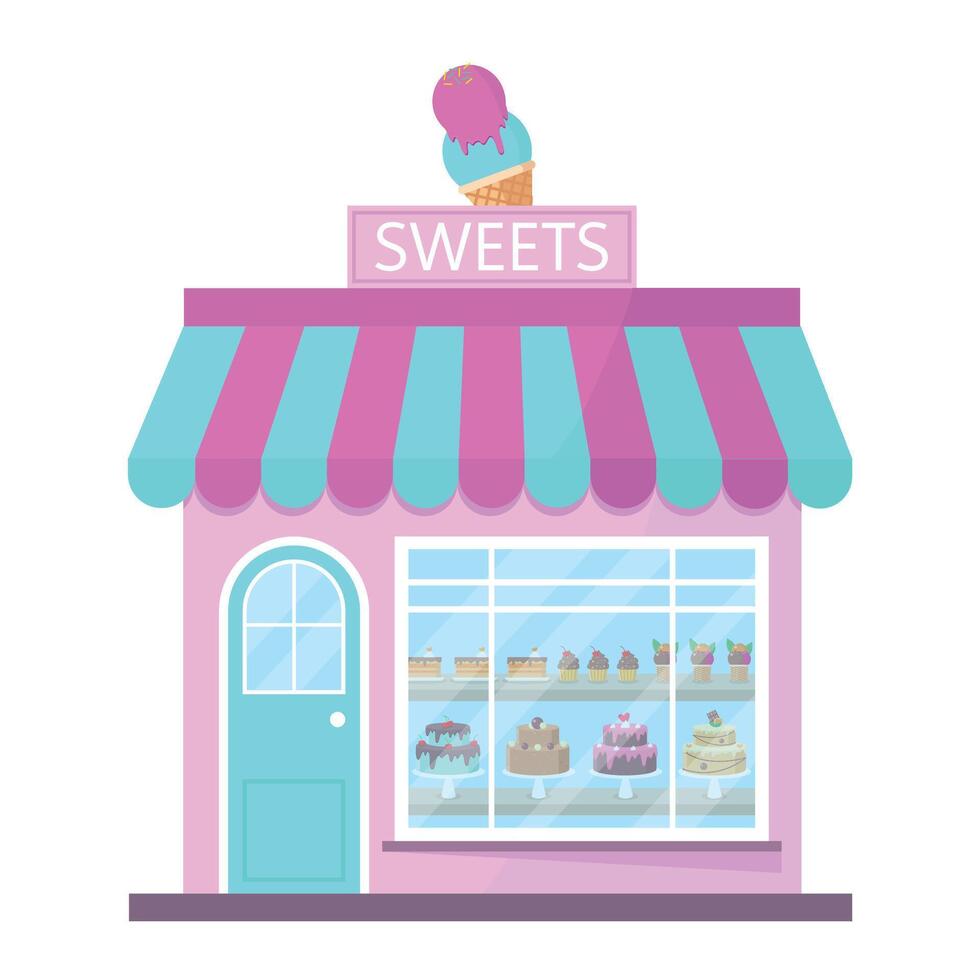 Pastry shop building icon with various sweets on the display window. Pastry business concept. vector