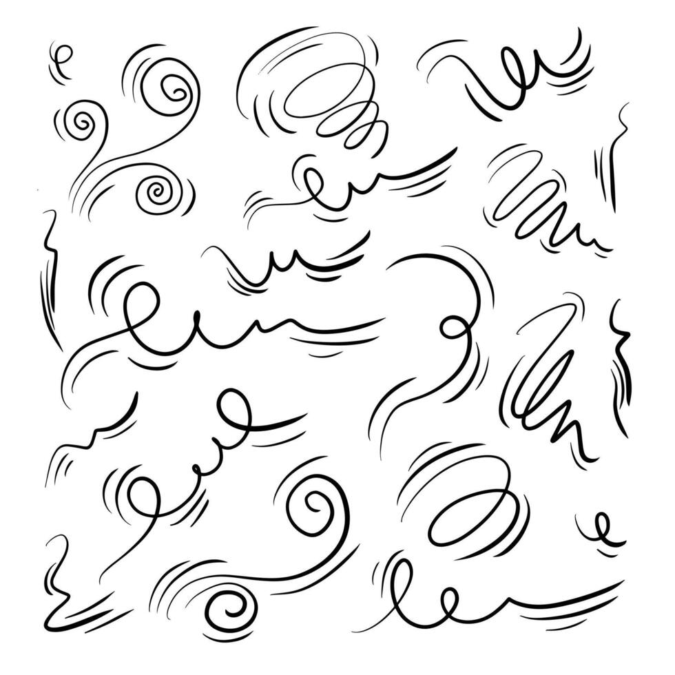Doodle wind line sketch set. Hand drawn doodle wind movement, air blowing, vortex elements. Sketch of air blowing movement, abstract lines. vector