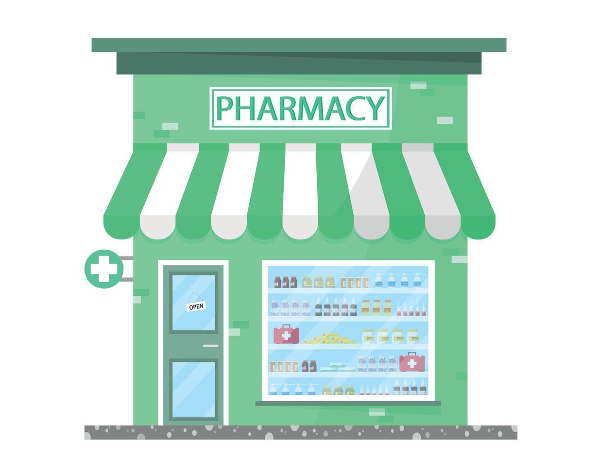 Icon of a pharmacy building with various medicines on display. Banner for World Pharmacist Day. vector