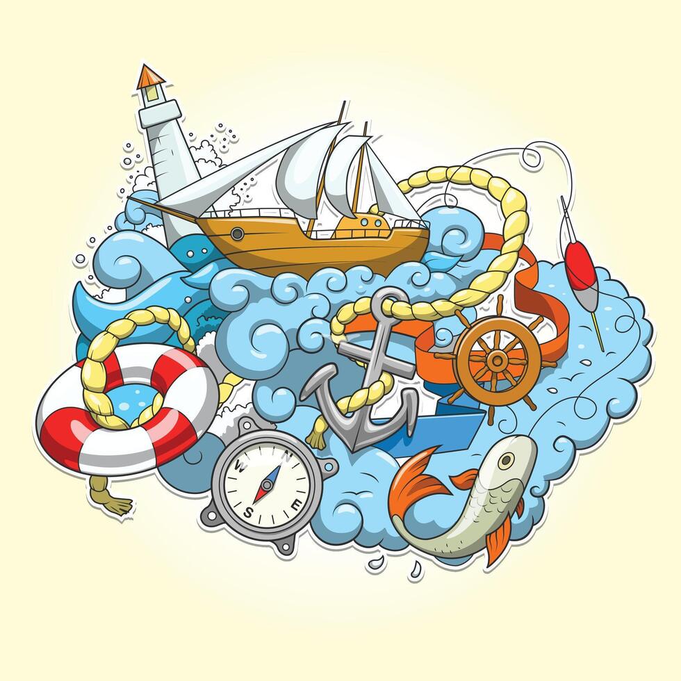 Summer sailing abstraction hand drawn colorful illustration vector