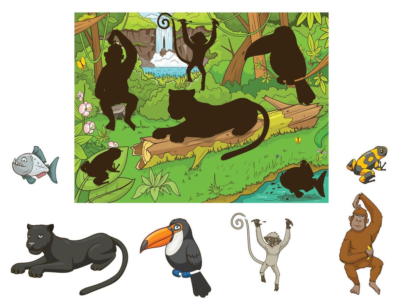 Jungle cartoon educational game find animal illustration vector
