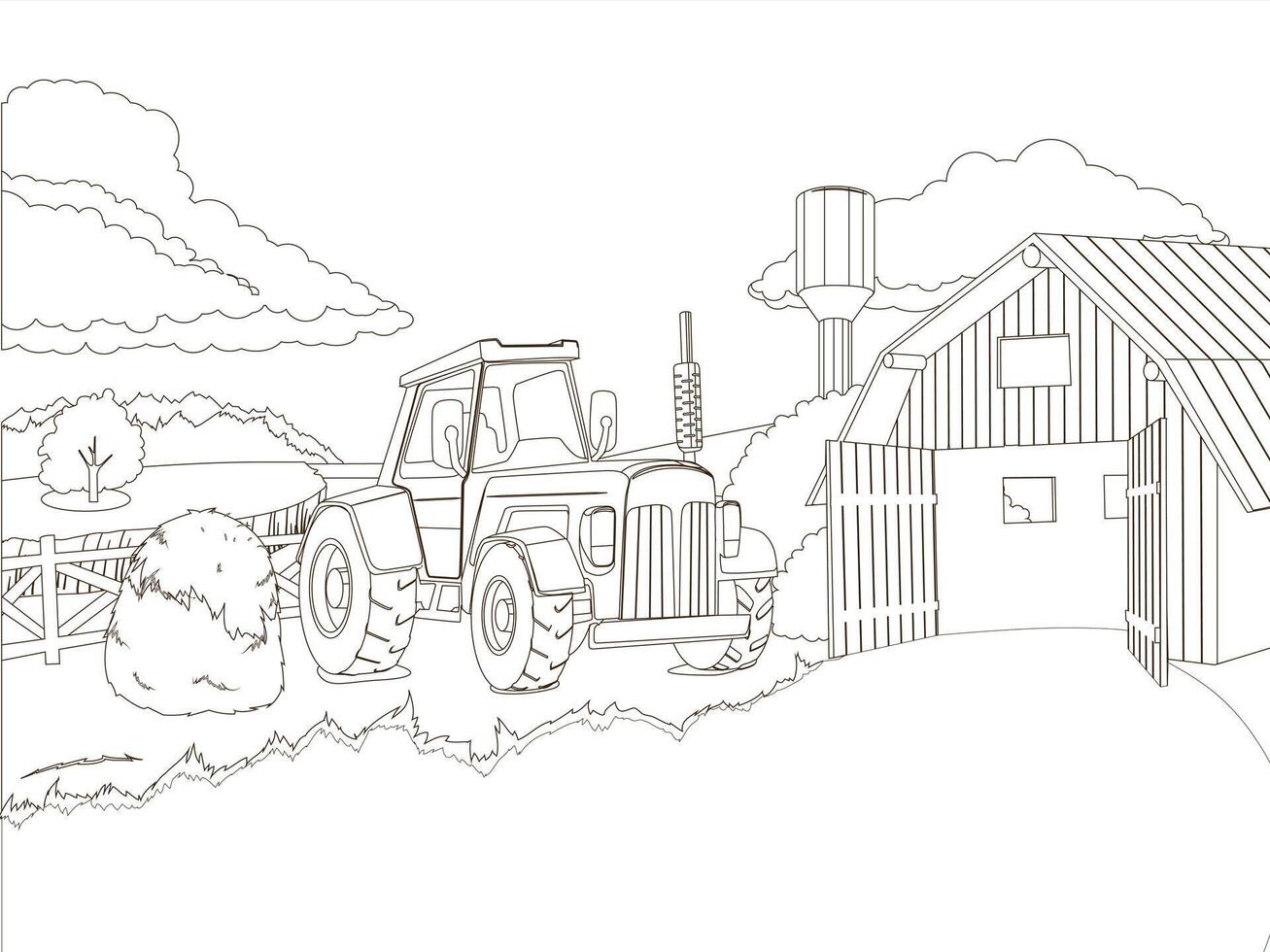 Tractor on the farm coloring book illustration vector