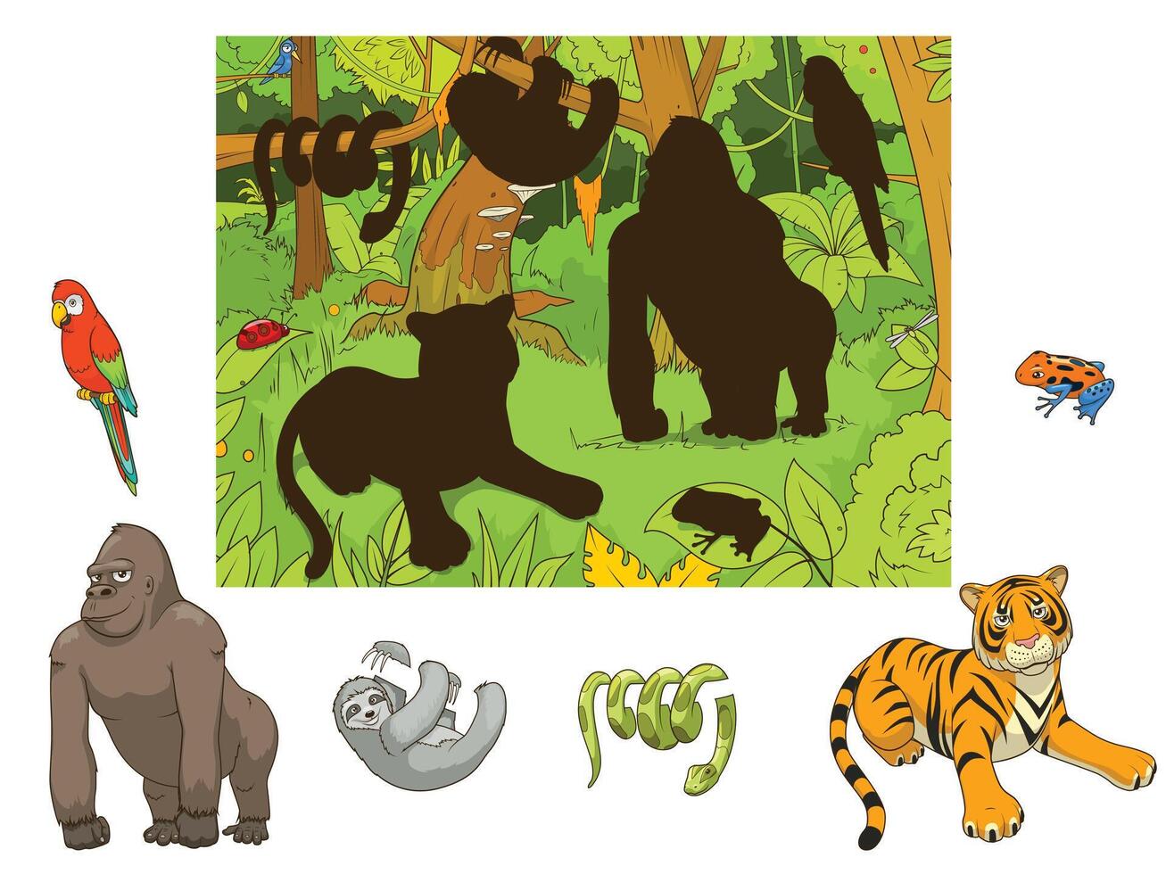 Jungle animals cartoon educational game colorful funny hand drawn illustration vector