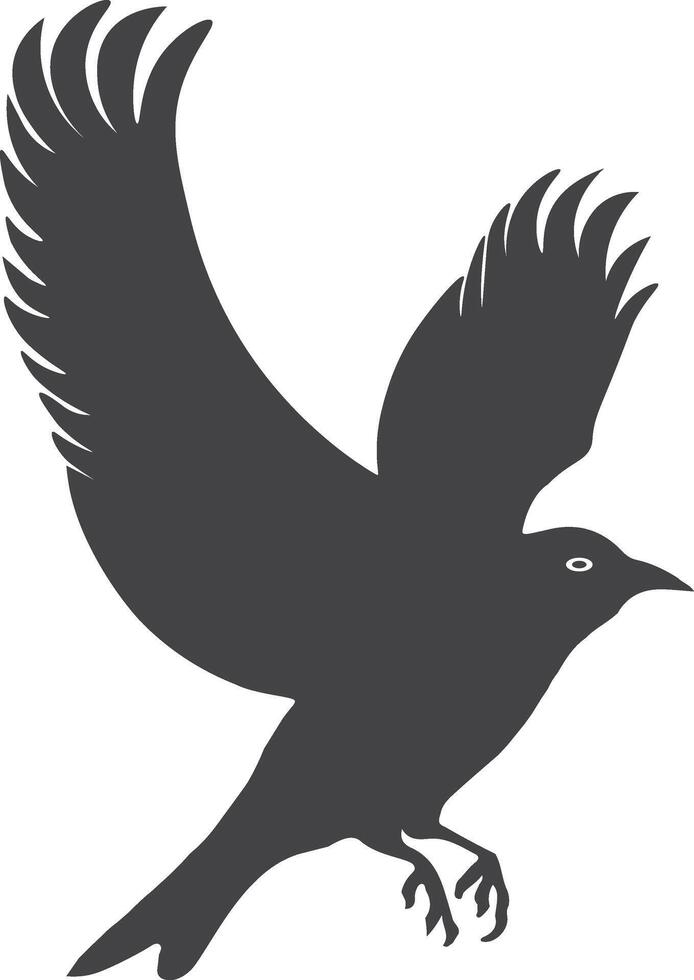 A minimalist black silhouette of a bird in flight. The bird wings are spread wide, with feather details stylized in a way that suggests movement. vector