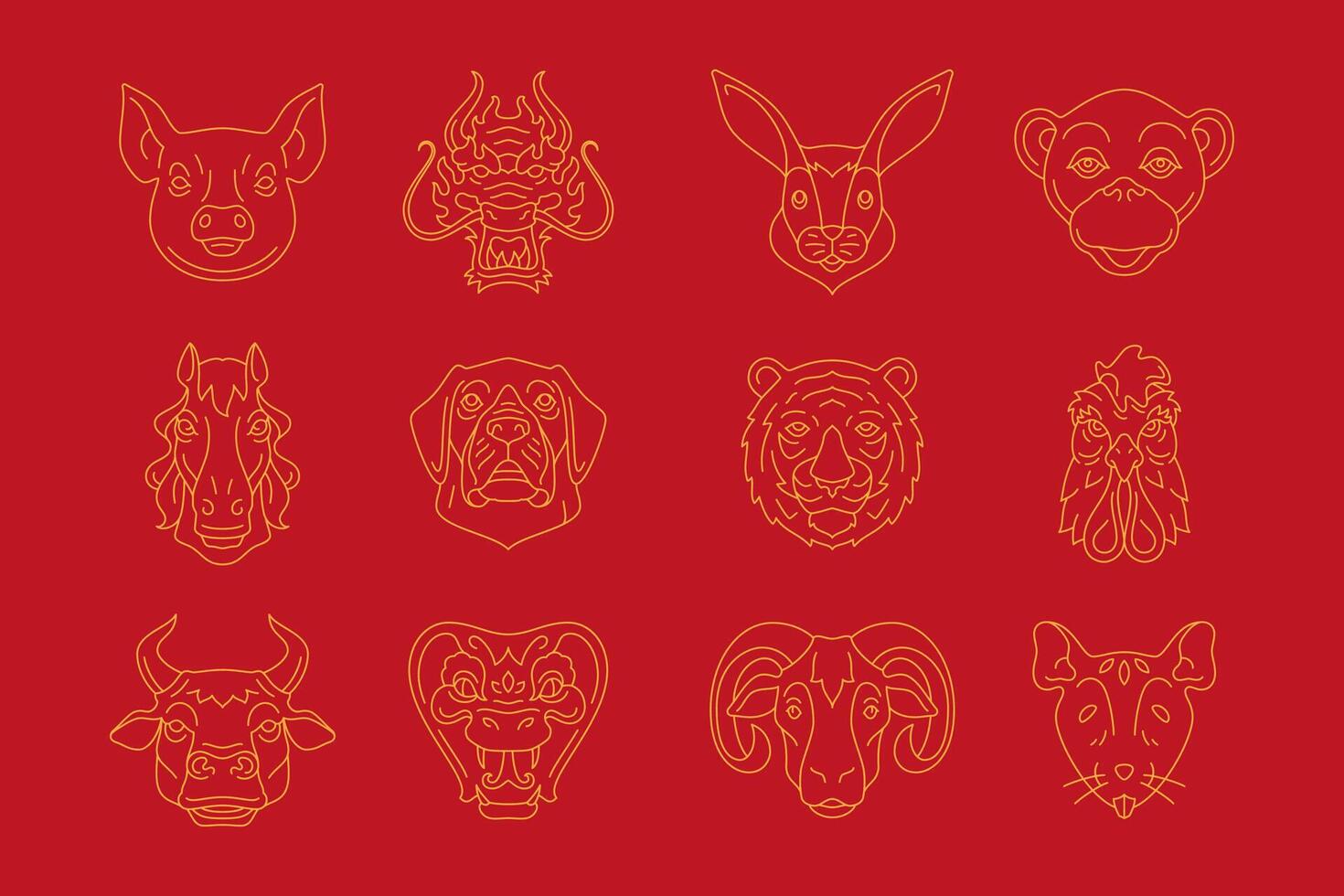 Chinese New Year characters head prosperity monochrome line icon set illustration vector