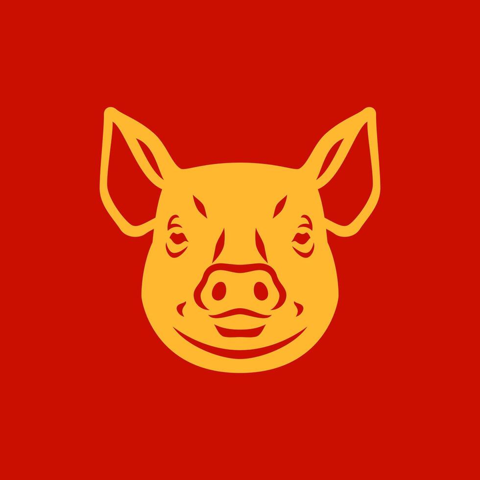 Pig muzzle golden mascot Chinese New Year monochrome icon flat illustration vector