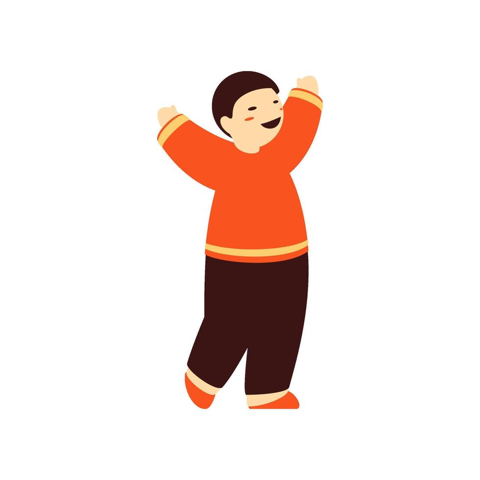 Asian Chinese Japanese overjoyed boy celebrate holiday in ethnic national costume flat vector