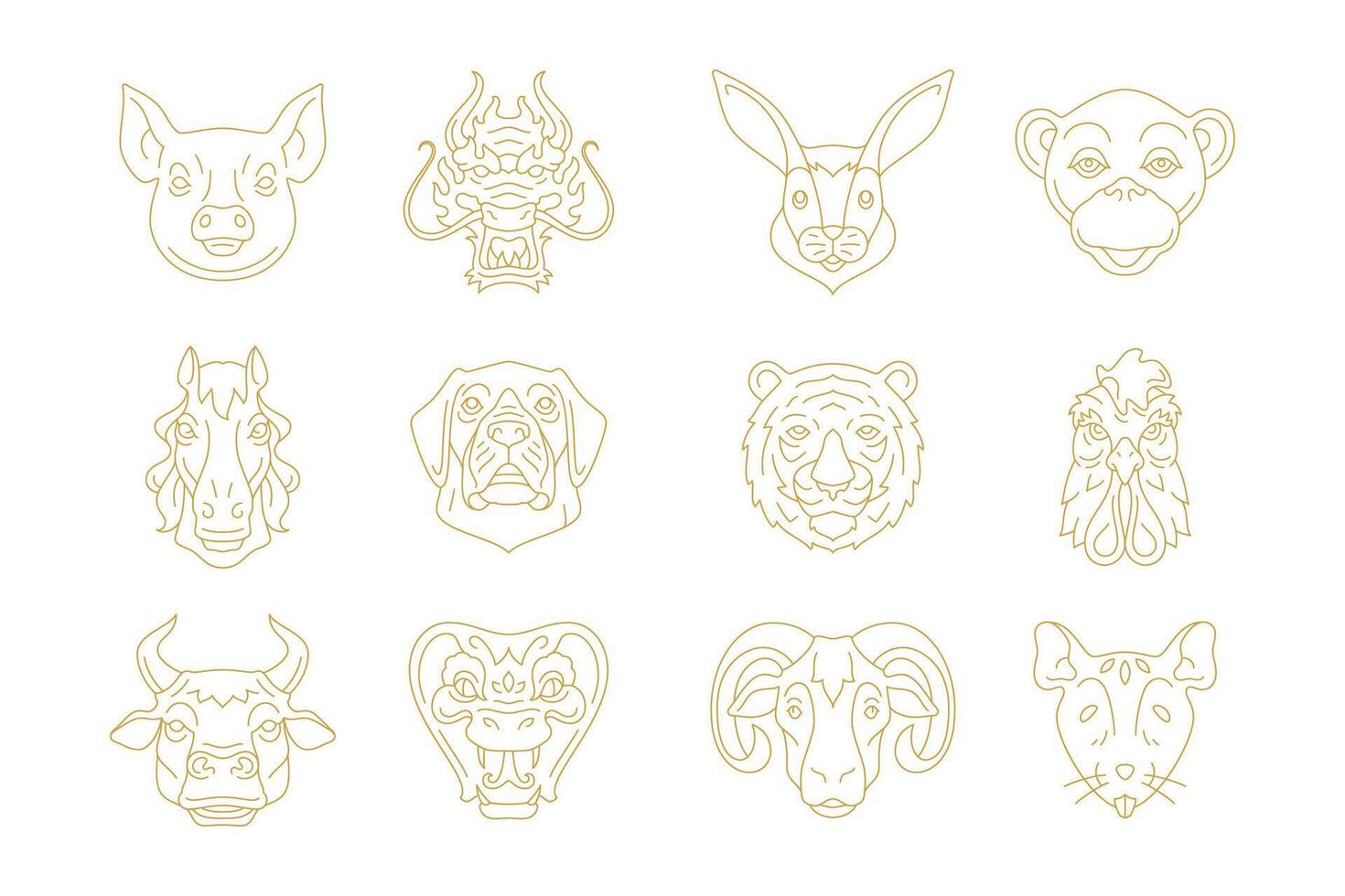 Livestock animal muzzle head portrait butchery shop zoo monochrome line icon set vector