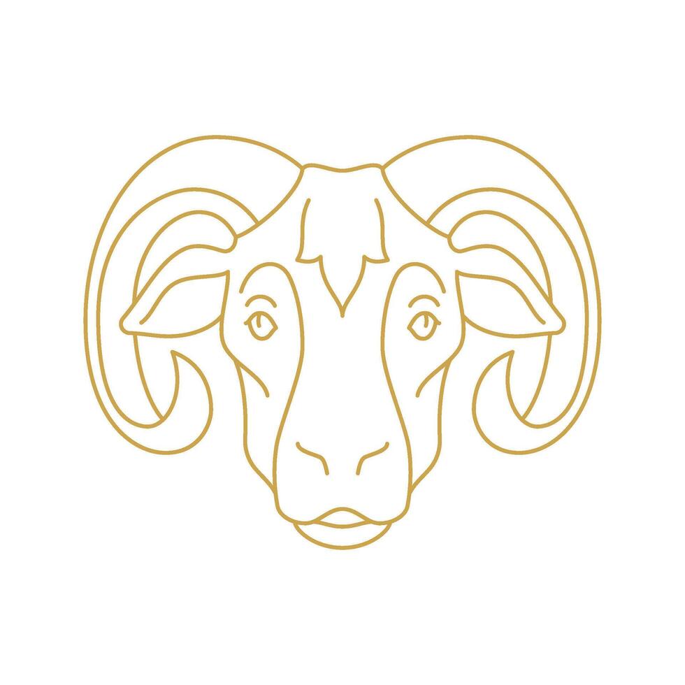 Goat muzzle with curved horns monochrome golden line icon illustration. Sheep ram head vector