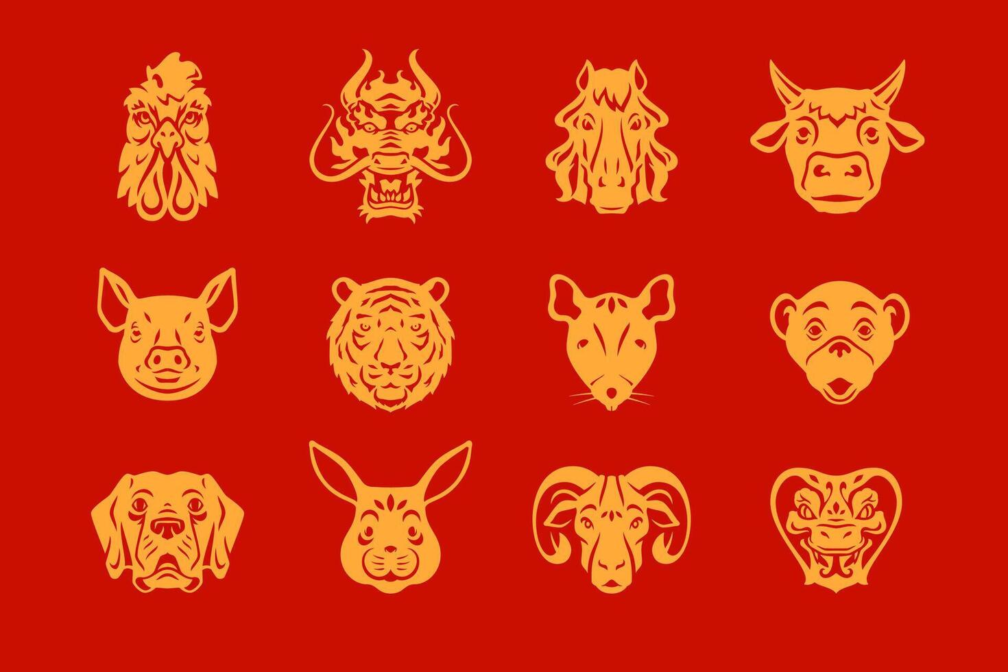 Asian horoscope animals muzzle golden monochrome icon set flat illustration vector