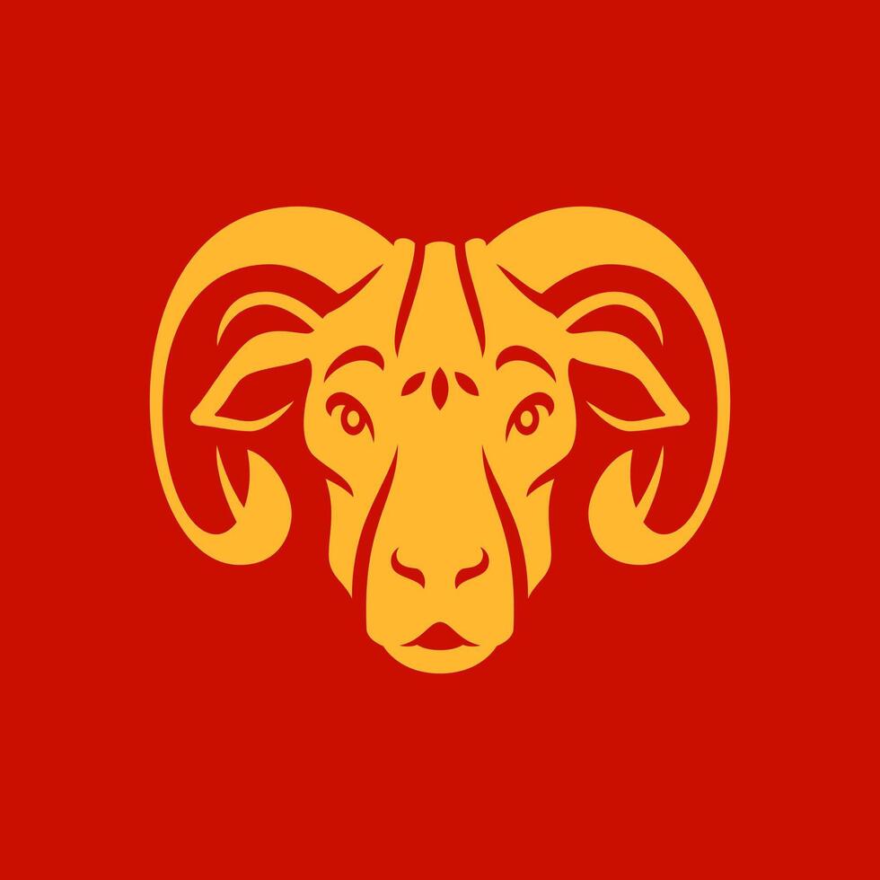 Goat ram muzzle with horns Chinese New Year golden monochrome icon flat illustration vector