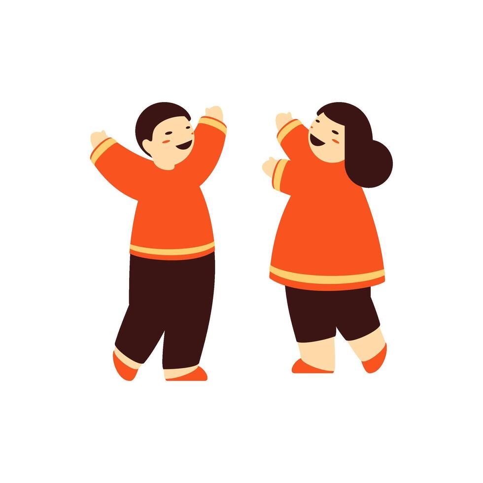 Overjoyed Chinese girl and boy in national costume rejoicing raising hands minimalist flat vector
