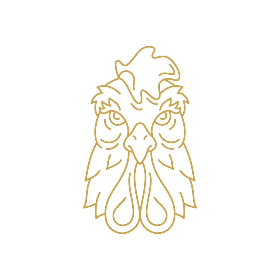 Rooster head muzzle with beak monochrome golden line art icon illustration vector
