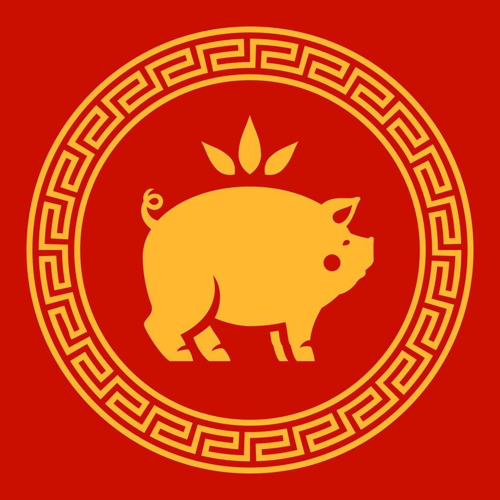 Pig with flower golden Chinese New Year symbol round ornamental frame monochrome icon flat vector
