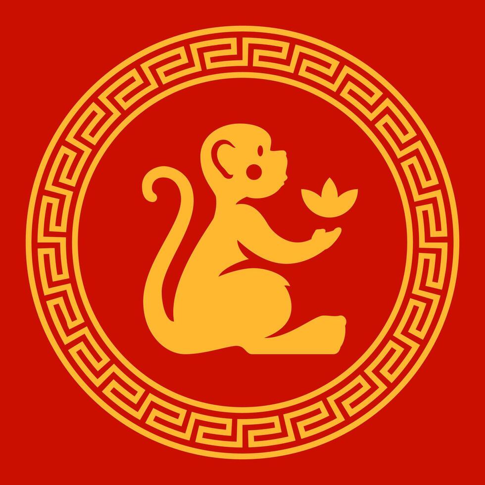 Monkey with flower Chinese New Year circle frame antique ornament monochrome icon flat vector
