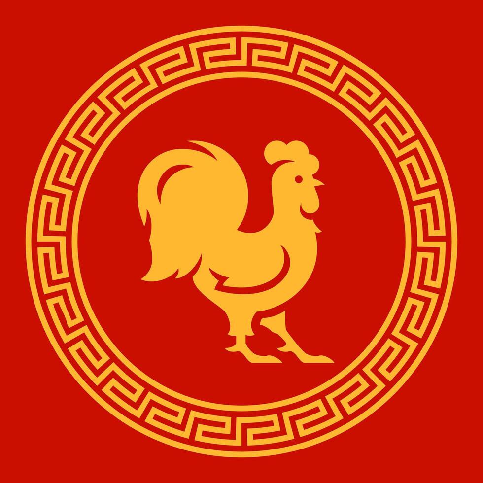 Rooster golden round frame Chinese New Year ornamental monochrome icon flat vector