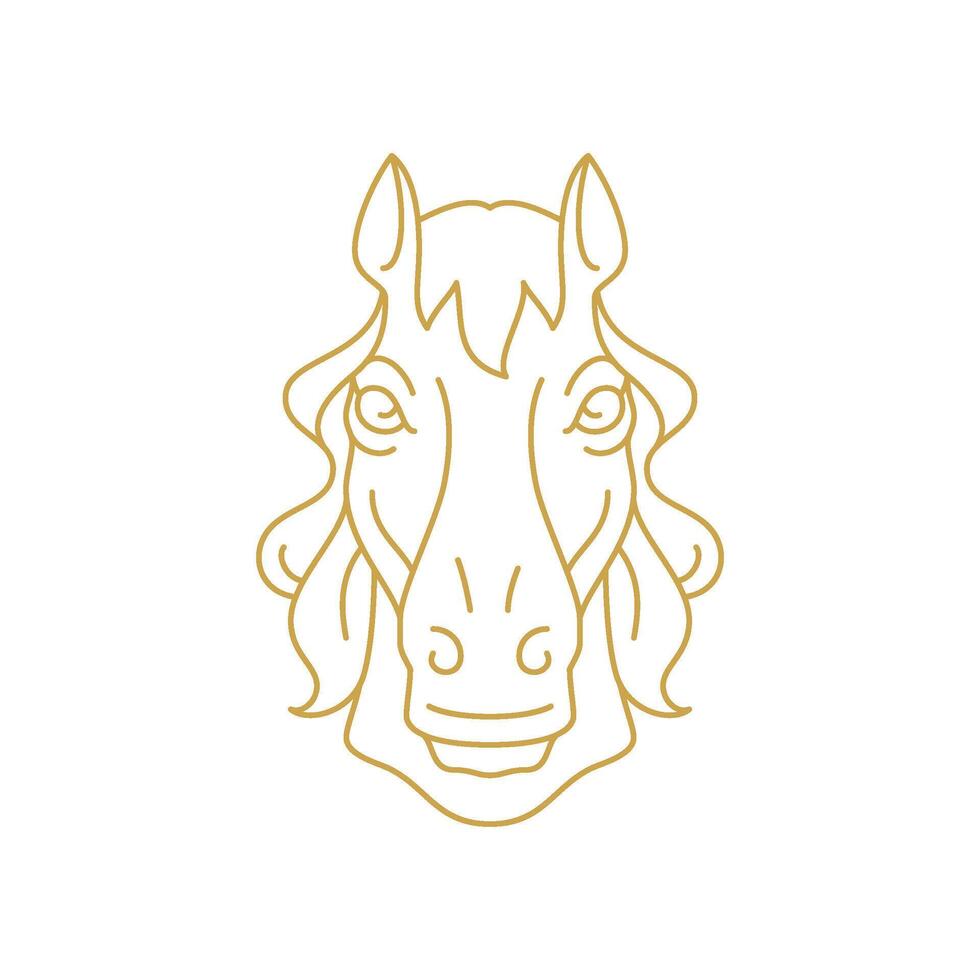 Horse head with mane golden line art minimalist icon illustration. Mustang equine muzzle vector
