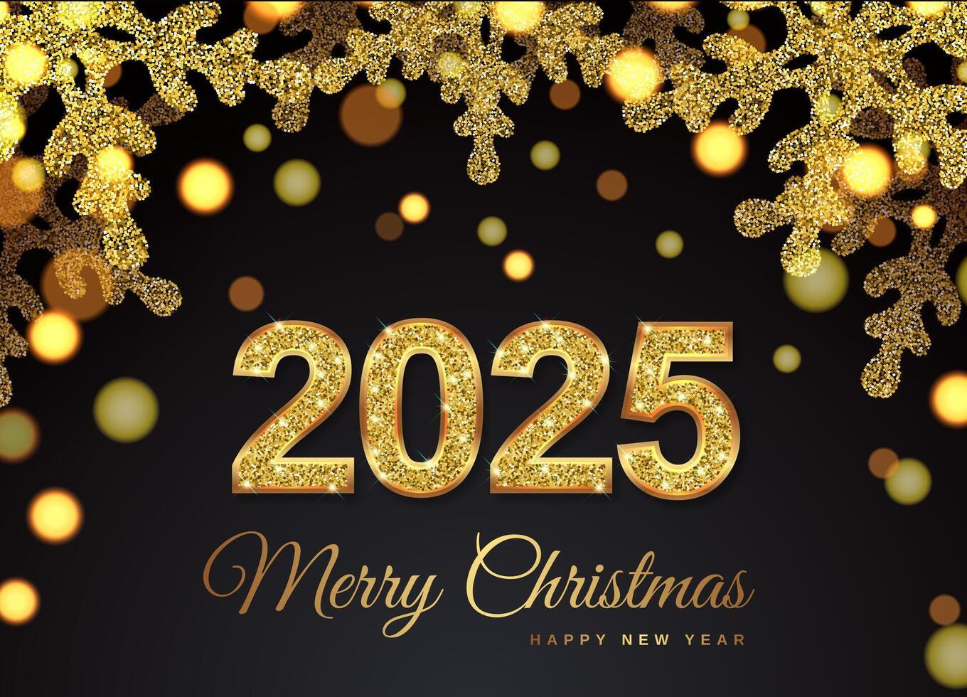 Christmas banner 2025 golden snowflakes on top. Golden glitter and bright bokeh. Happy New Year Realistic Illustration Black Background vector