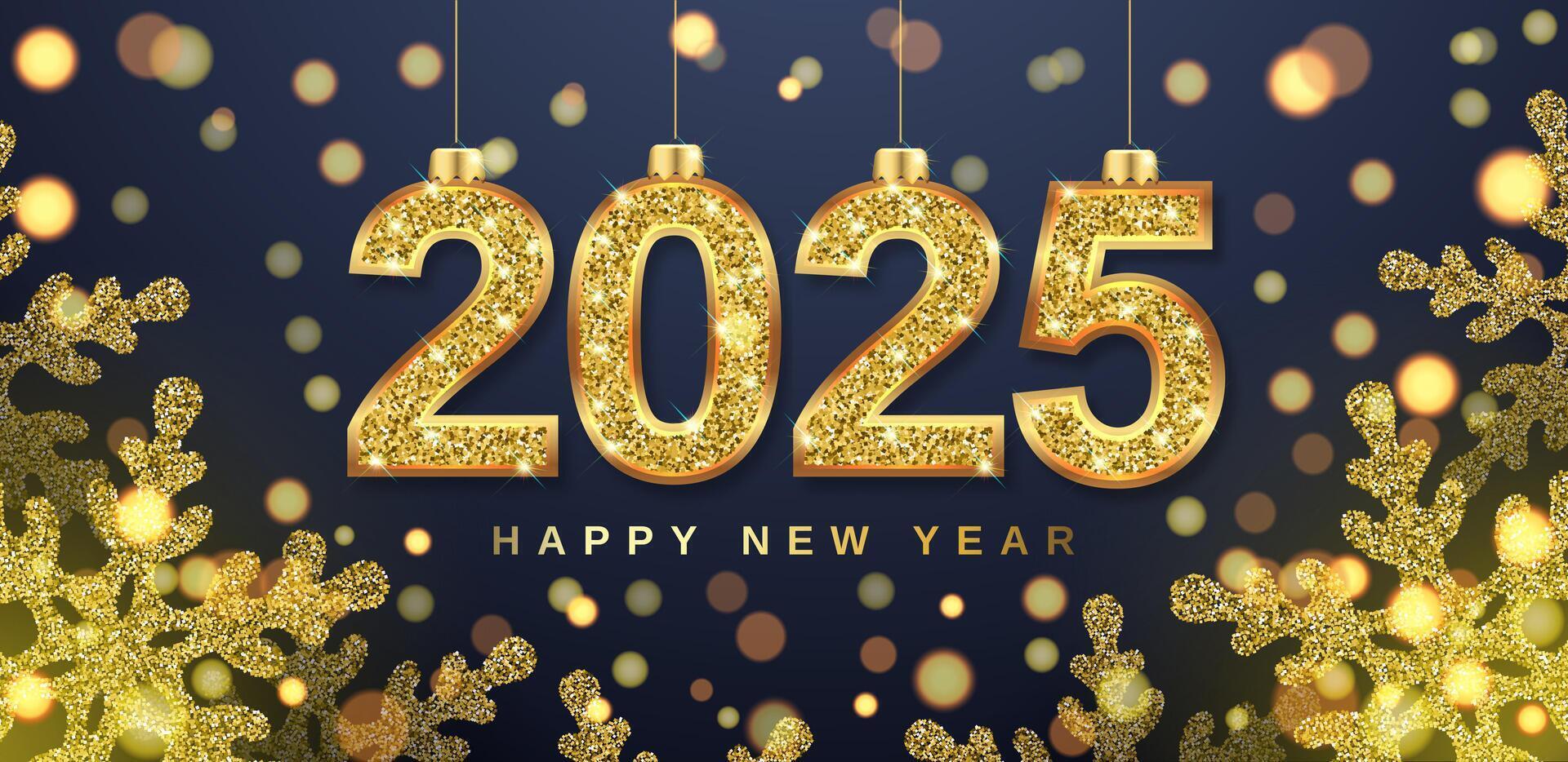Christmas banner with snowflakes and numbers 2025. Gold glitter and bright bokeh. 3D realistic illustration blue background. . vector