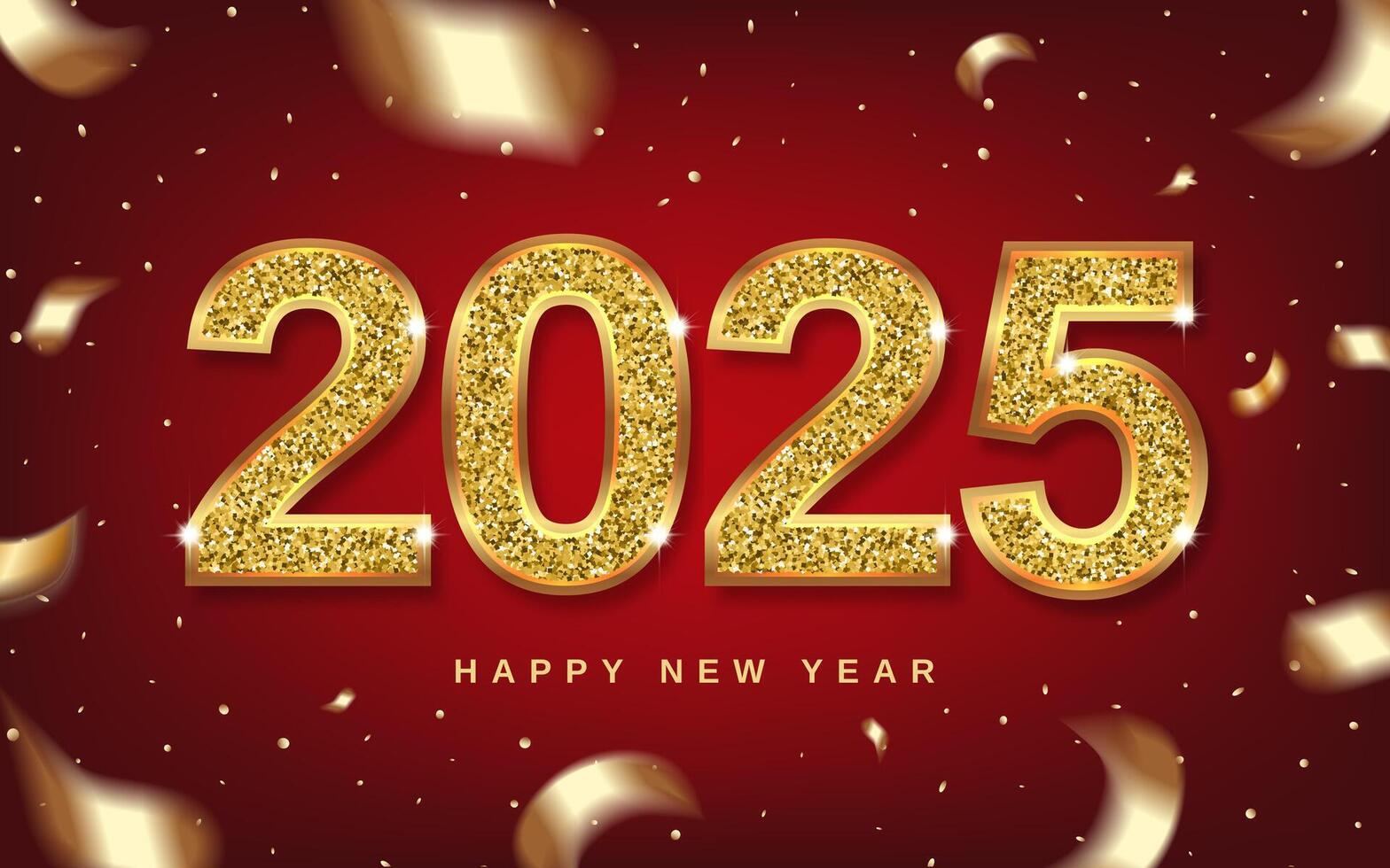 Christmas 2025 numbers sparkle with gold, ribbons and swirling confetti. symbol with soft shadow. 3D realistic illustration. Red background. . vector
