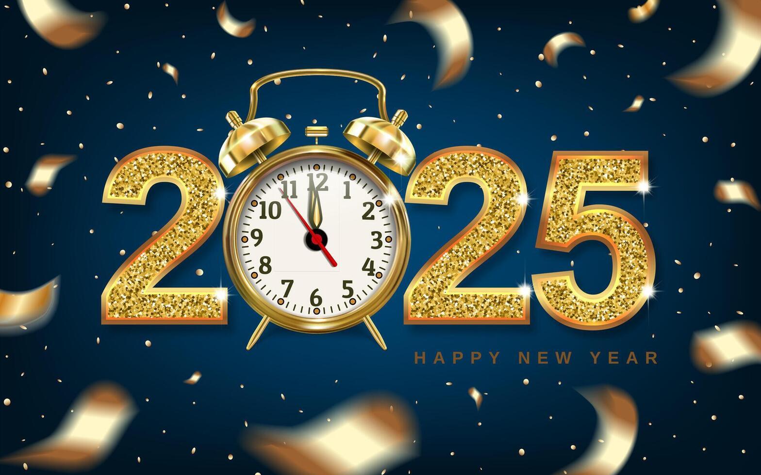 Christmas numbers 2025 with golden alarm clock, arrows point to New Year - concept. Confetti gold. 3D realistic illustration. Blue background. . vector