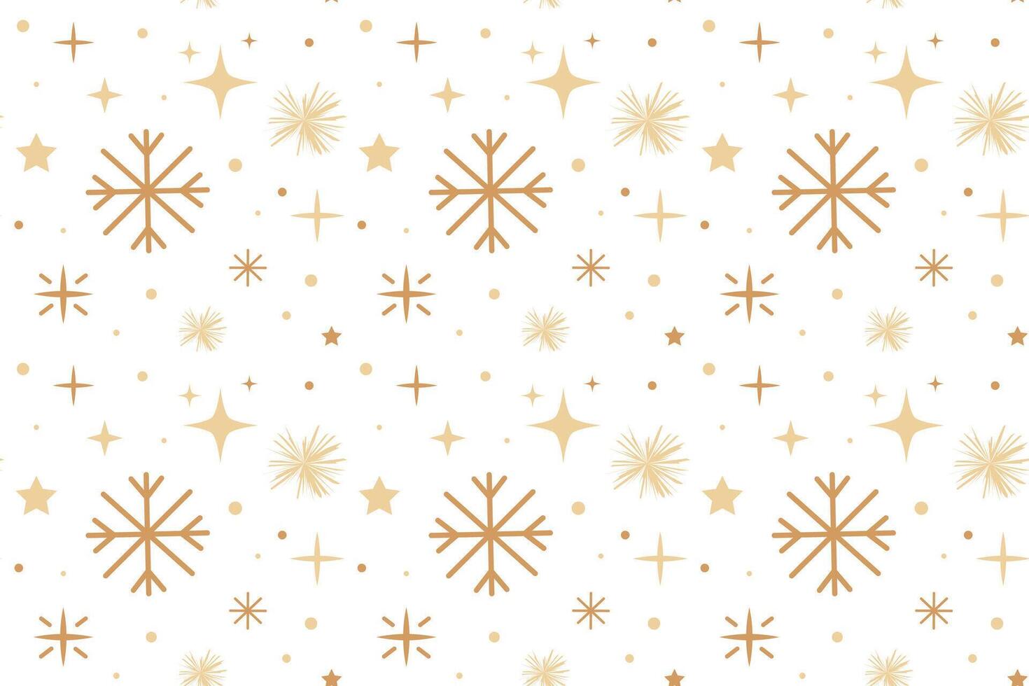 Seamless pattern with golden snowflakes, stars and sparkles on a white background. Minimalistic design ideal for Christmas and New Year projects, gift wrapping, invitations and greeting cards vector