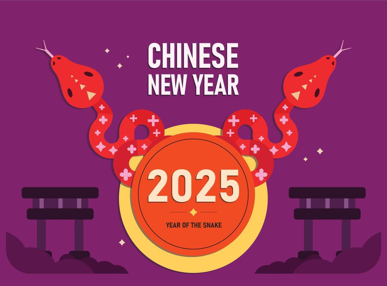 Chinese New Year illustration with elegant snake. Chinese New Year 2025 card background. Year of the Snake design, Elegant oriental illustration for cover, banner, website, calendar. vector