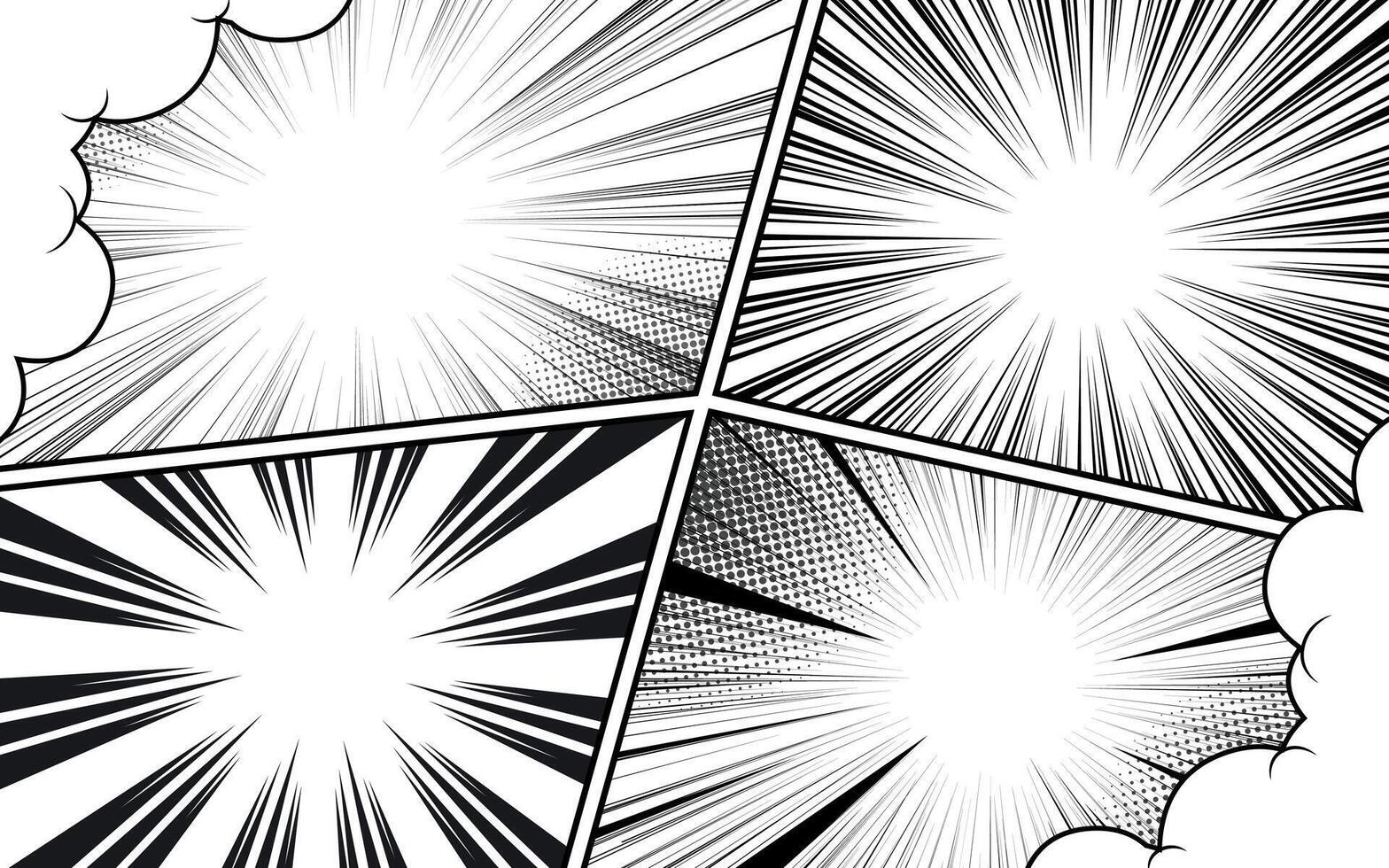 Collection of comic book page templates. Black and white retro pop art frame for superhero story with action lines and dots effect. vector