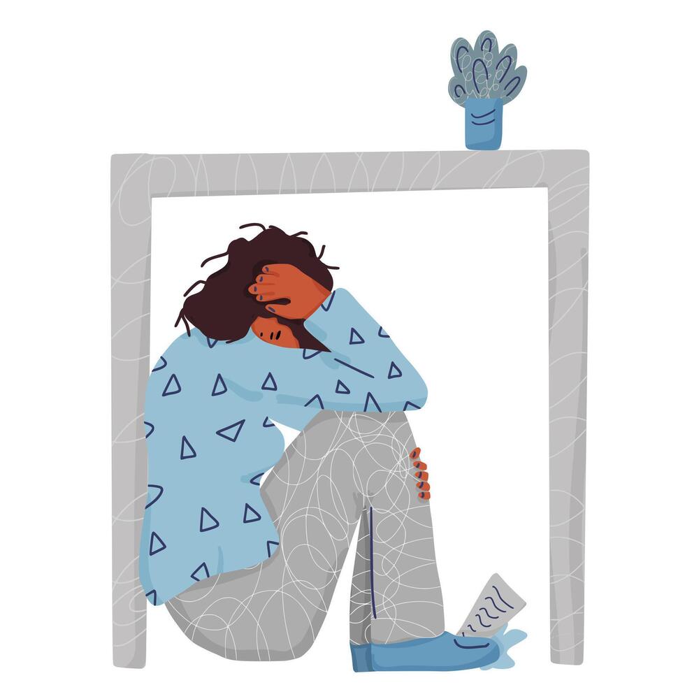 Mental disoder. Girl sitting on the floor. vector