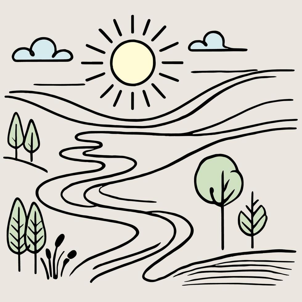 Minimalist illustration of a sunny landscape with a wavy river, trees and clouds. Modern design elements and a tranquil natural scenery perfect for backgrounds, wallpapers and vector