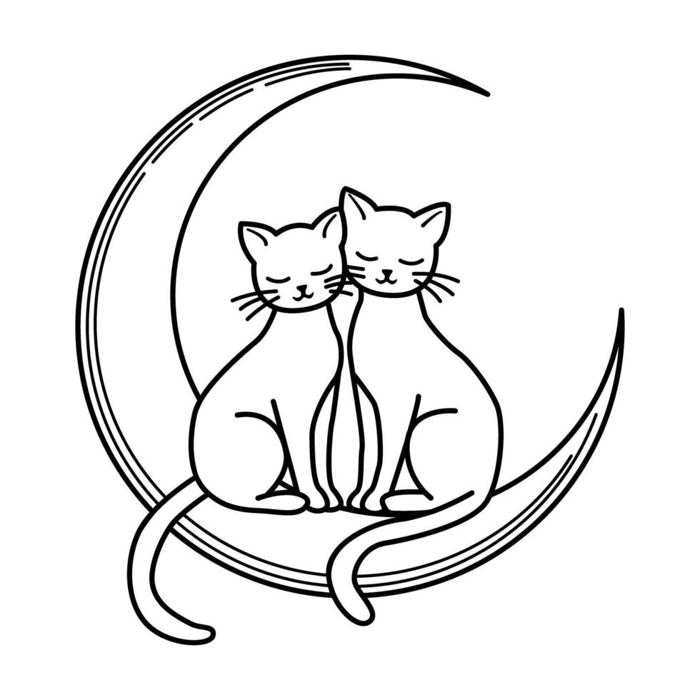 Two Cats Sitting on a Crescent Moon Line Art Style vector