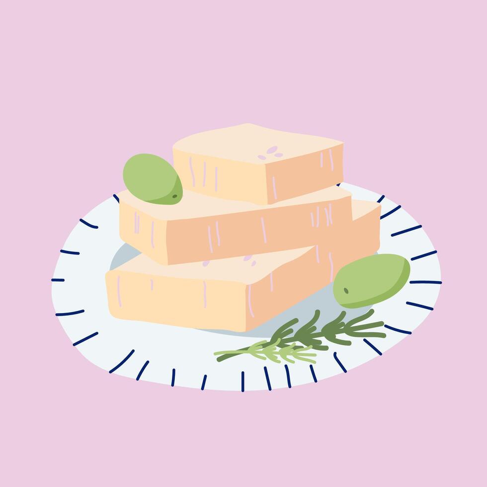 Hand drawn flat food illustration with greek feta cheese on a plate, Greece traditional cuisine. vector