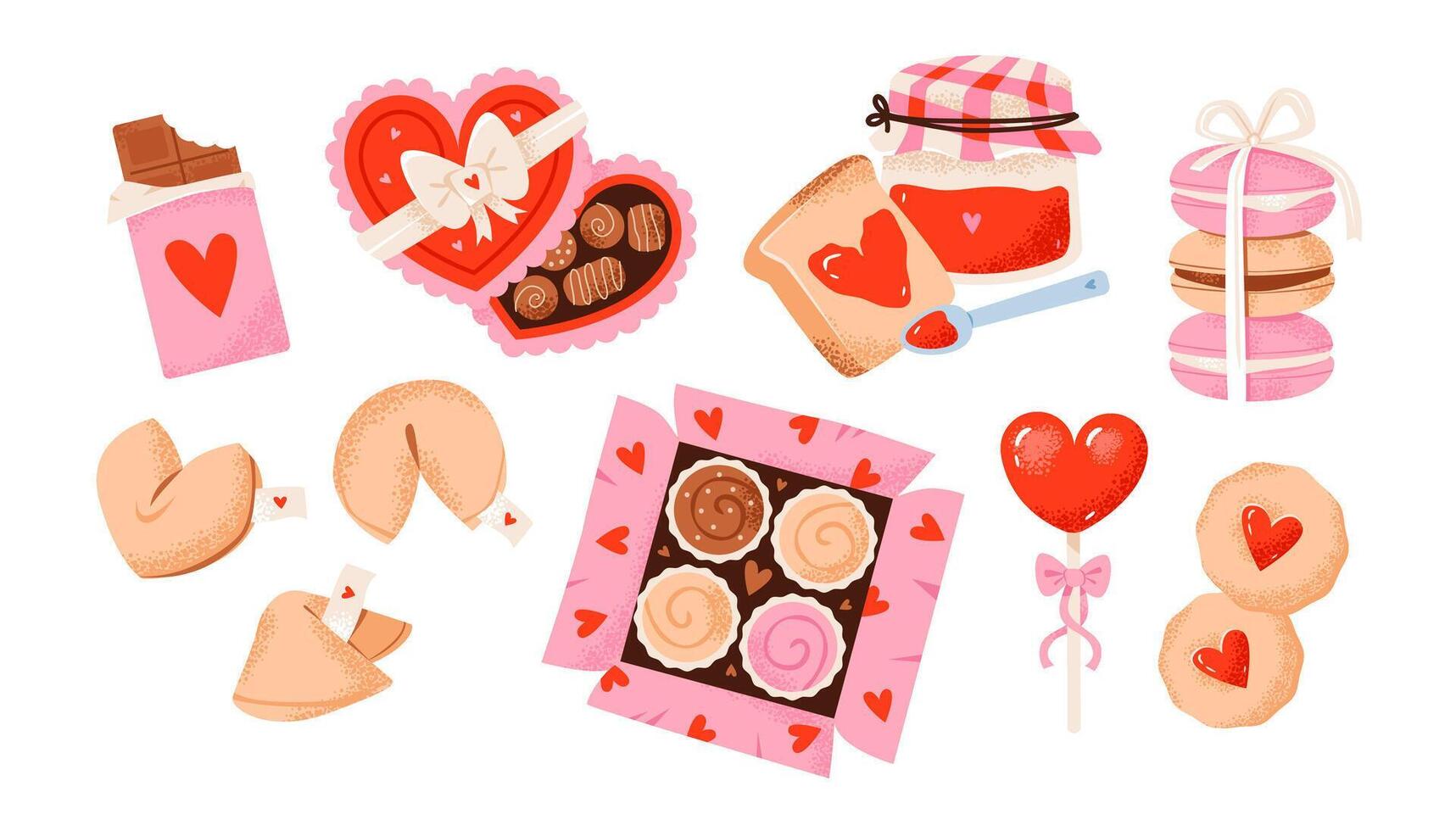 Valentines Day sweets, chocolates, candies and fortune cookies. Festive romantic treats. A vibrant flat illustration set. vector